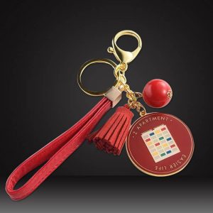 red leather custom tassel keychains with enamel tag pink